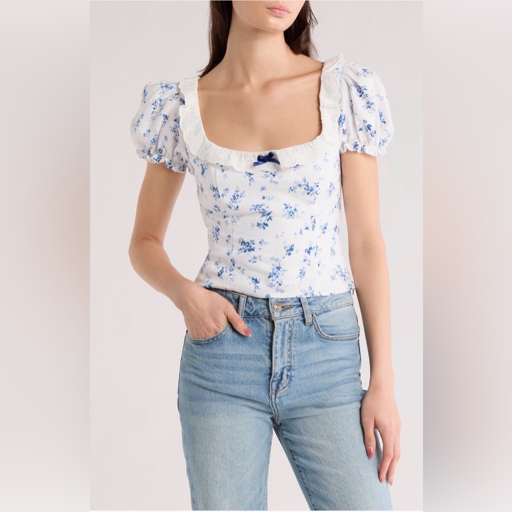 Reformation Alice Lace Trim Puff Sleeve